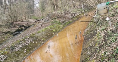 koryto rzeki Łódki o pomarańczowym widocznym zabarwieniu wody
