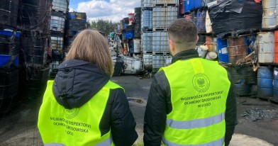 Pracownicy Wojewódzkiego Inspektoratu Ochronony Środowiska w Łodzi przed mauzerami z odpadami, podczas wykonywania czynności inspekcyjnych