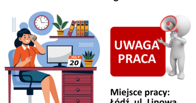 Grafika przedstawiająca nabór na stanowisko Referendarza/Referendarki ds. sekretariatu w Łodzi.