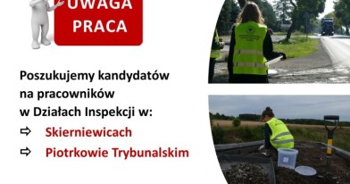 Grafika ogłaszająca nabór na wolne stanowiska w dziale Inspekcji w Delegaturach w Skierniewicach i w Piotrkowie Trybunalskim